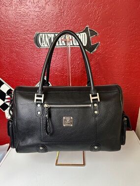 MCM Black Leather Duffel Bag with Silver Hardware